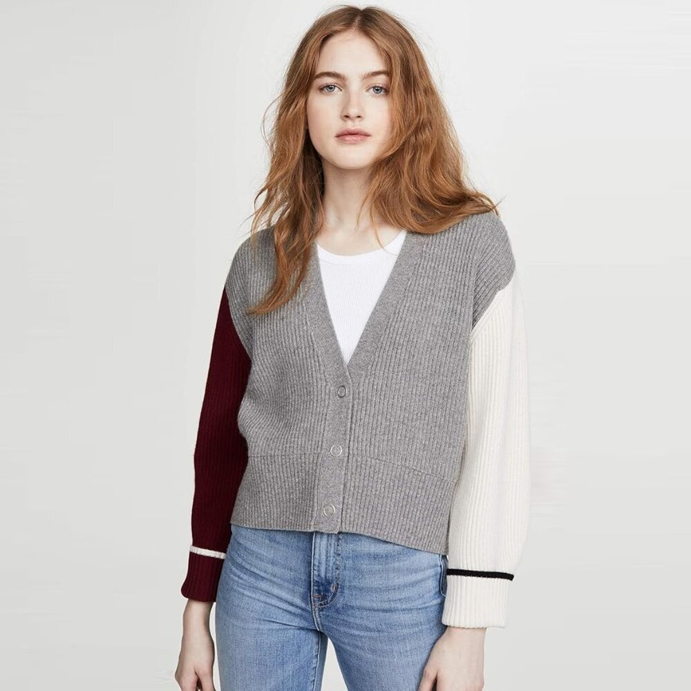 BLDWN Sparrow Cardigan in Grey Multi Wool Cashmere Preppy Varsity medium